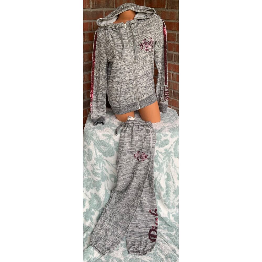 Victorias Secret PINK Zip Hoodie & Campus Pant Sequin Bling sz M/S Marled Gray - Picture 2 of 3